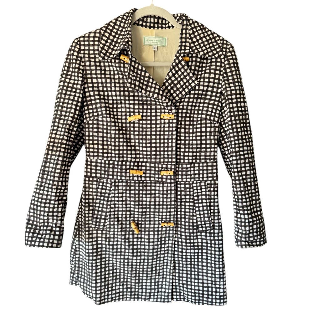Alease Fisher Vintage Retro NY Black White Gingham Double Breasted Trench Coat 6